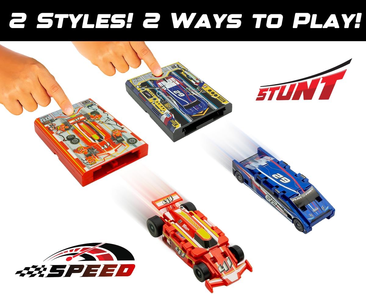 (Pack of 5) Speed Card Racer – Flat Car Racer and Pocket Size Racecar Launcher with Real Rubber Tires for High-Speed Racing – Load, Launch, Race! – Racing Red