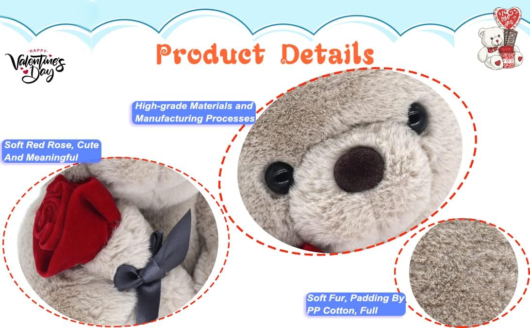 (Pack of 7) 9.8'' Teddy Bear with Rose, Soft Plush Doll Stuffed Animals Toys, Gifts for Her/Girlfriend Lover Mom Kids Toddlers (Gray)