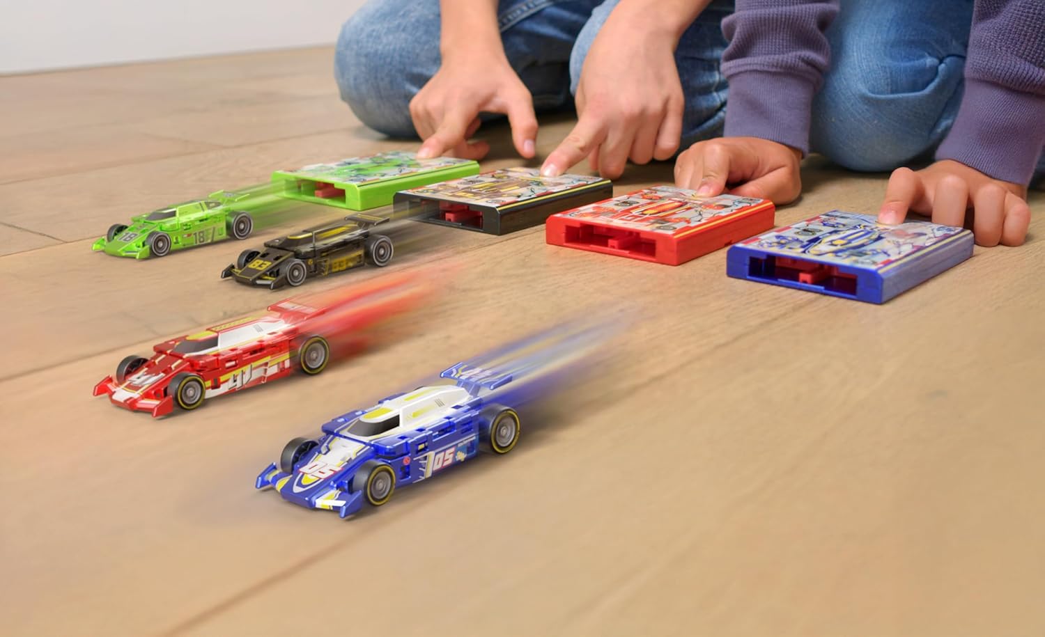 (Pack of 5) Speed Card Racer – Flat Car Racer and Pocket Size Racecar Launcher with Real Rubber Tires for High-Speed Racing – Load, Launch, Race! – Racing Red
