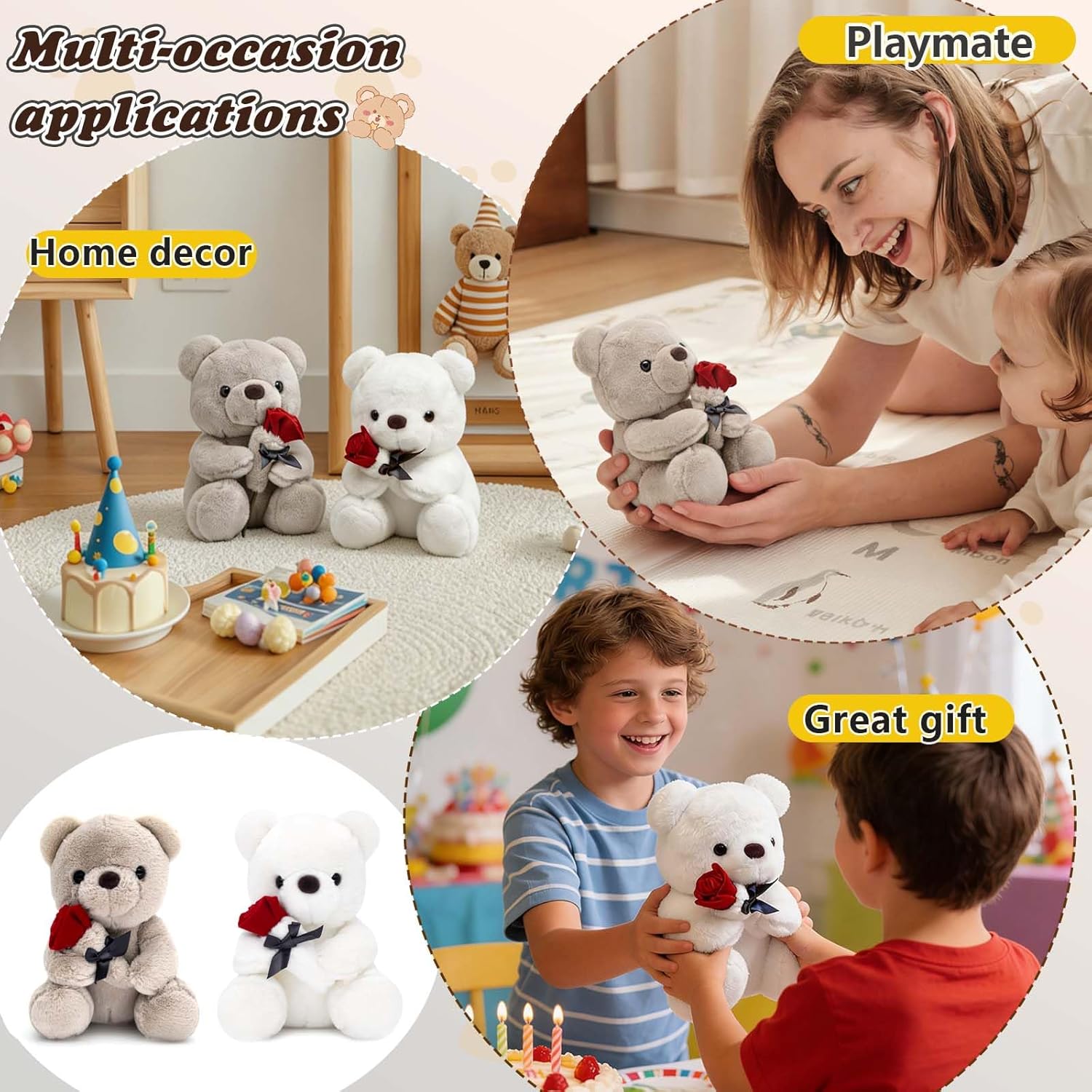 (Pack of 7) 9.8'' Teddy Bear with Rose, Soft Plush Doll Stuffed Animals Toys, Gifts for Her/Girlfriend Lover Mom Kids Toddlers (Gray)