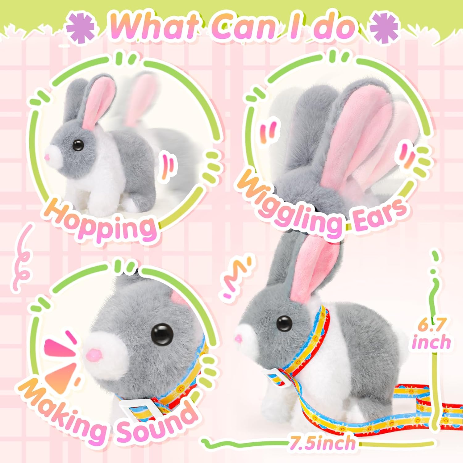 ( Pack of 3) Plush Bunny Toy for Kids,Easter Interactive Realistic Bunny with Leash,Golden Egg and Wind Up Toy,That Hopping,Ears Wiggling,Twitching Nose,Rabbit Toys Easter Stuffers Gift for Toddlers