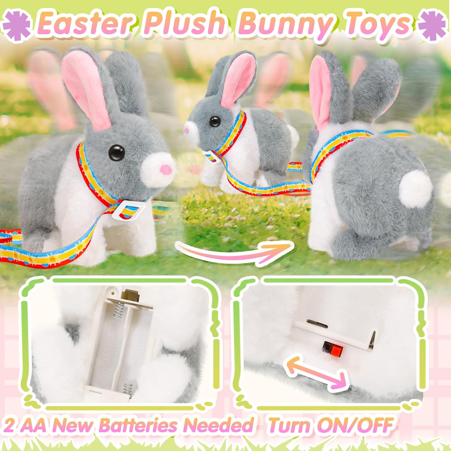 ( Pack of 3) Plush Bunny Toy for Kids,Easter Interactive Realistic Bunny with Leash,Golden Egg and Wind Up Toy,That Hopping,Ears Wiggling,Twitching Nose,Rabbit Toys Easter Stuffers Gift for Toddlers