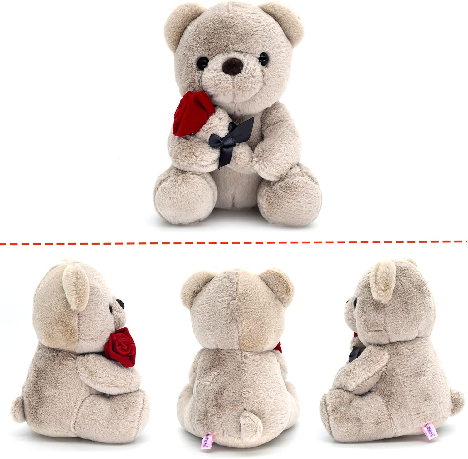 (Pack of 7) 9.8'' Teddy Bear with Rose, Soft Plush Doll Stuffed Animals Toys, Gifts for Her/Girlfriend Lover Mom Kids Toddlers (Gray)