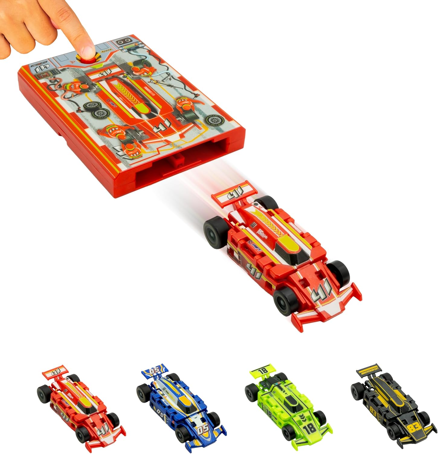 (Pack of 5) Speed Card Racer – Flat Car Racer and Pocket Size Racecar Launcher with Real Rubber Tires for High-Speed Racing – Load, Launch, Race! – Racing Red