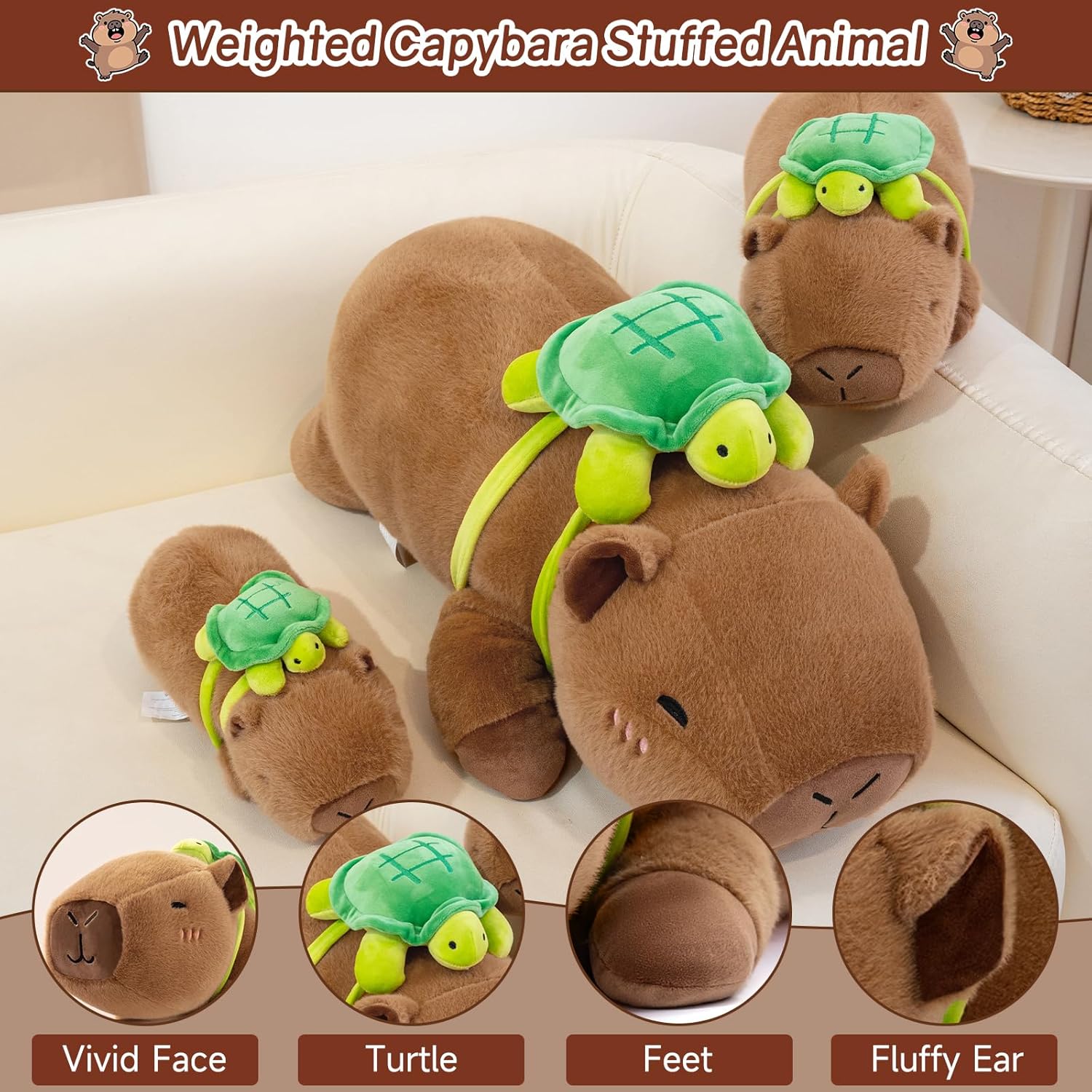 (Pack of 5) Stuffed Animals Capybara Plush, Weighted Capybara Stuffed Animals with Turtle Backpack, Soft Pillow Toy for Kids Adults, Birthday Present & Valentines Gifts 9.8 Inch, 0.8 Lb