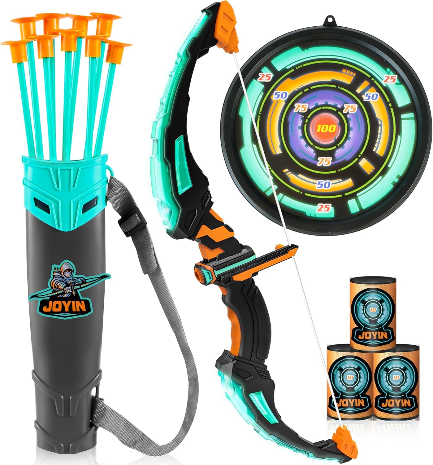 (Pack of 7) Bow and Arrow Set, LED Light Up Archery Toy Set with 9 Suction Cup Arrows, Target & Arrow Case, Indoor and Outdoor Hunting Play Gift Toys for Kids, Boys & Girls Ages 6-12