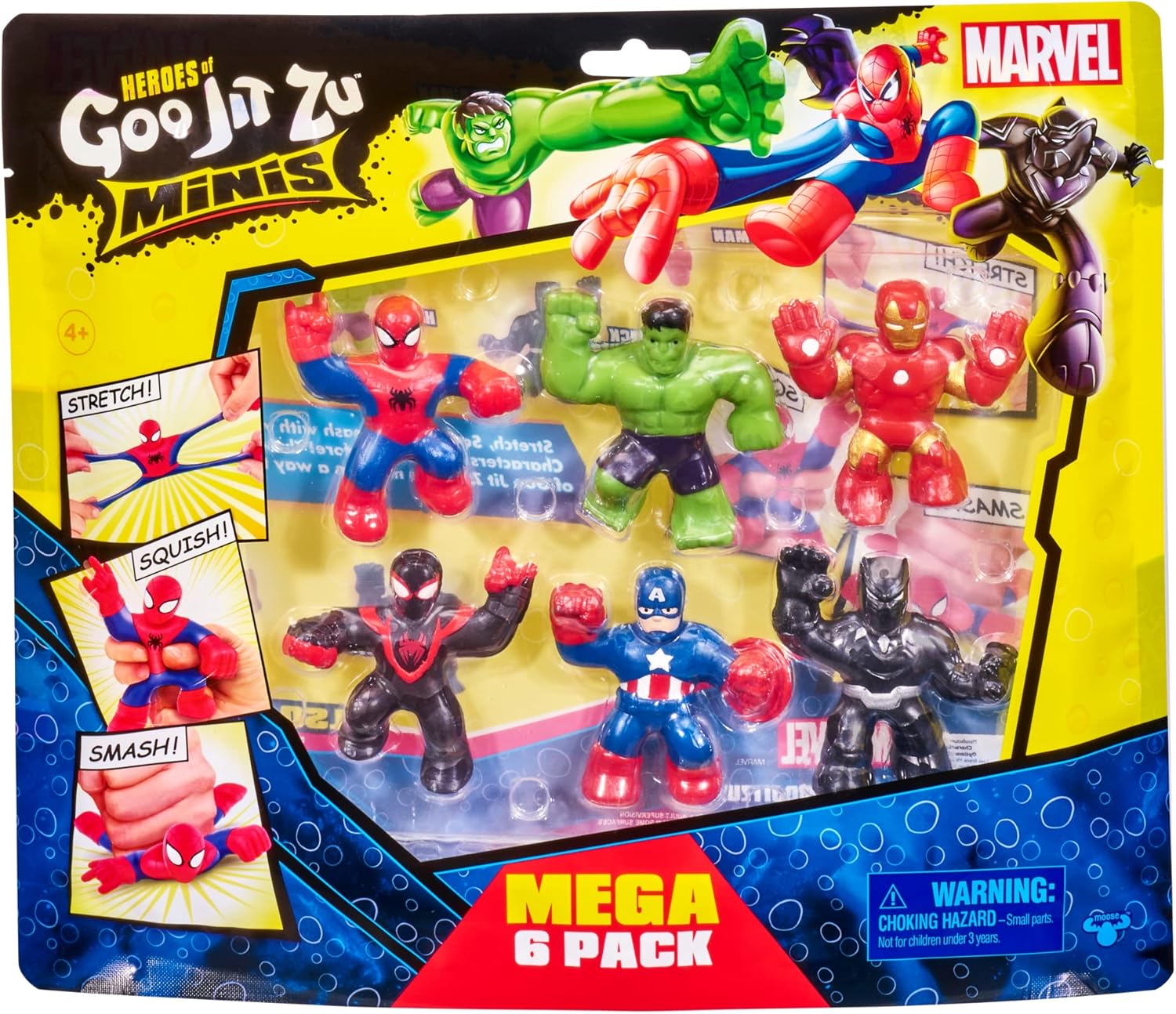 (Pack of 5) Marvel Mega Mini 6 Pack - Superhero Toys, Squishy, Stretchy, Gooey Mini Heroes - Ironman, Spider-Man, Captain America, Miles Morales, Hulk and Black Panther