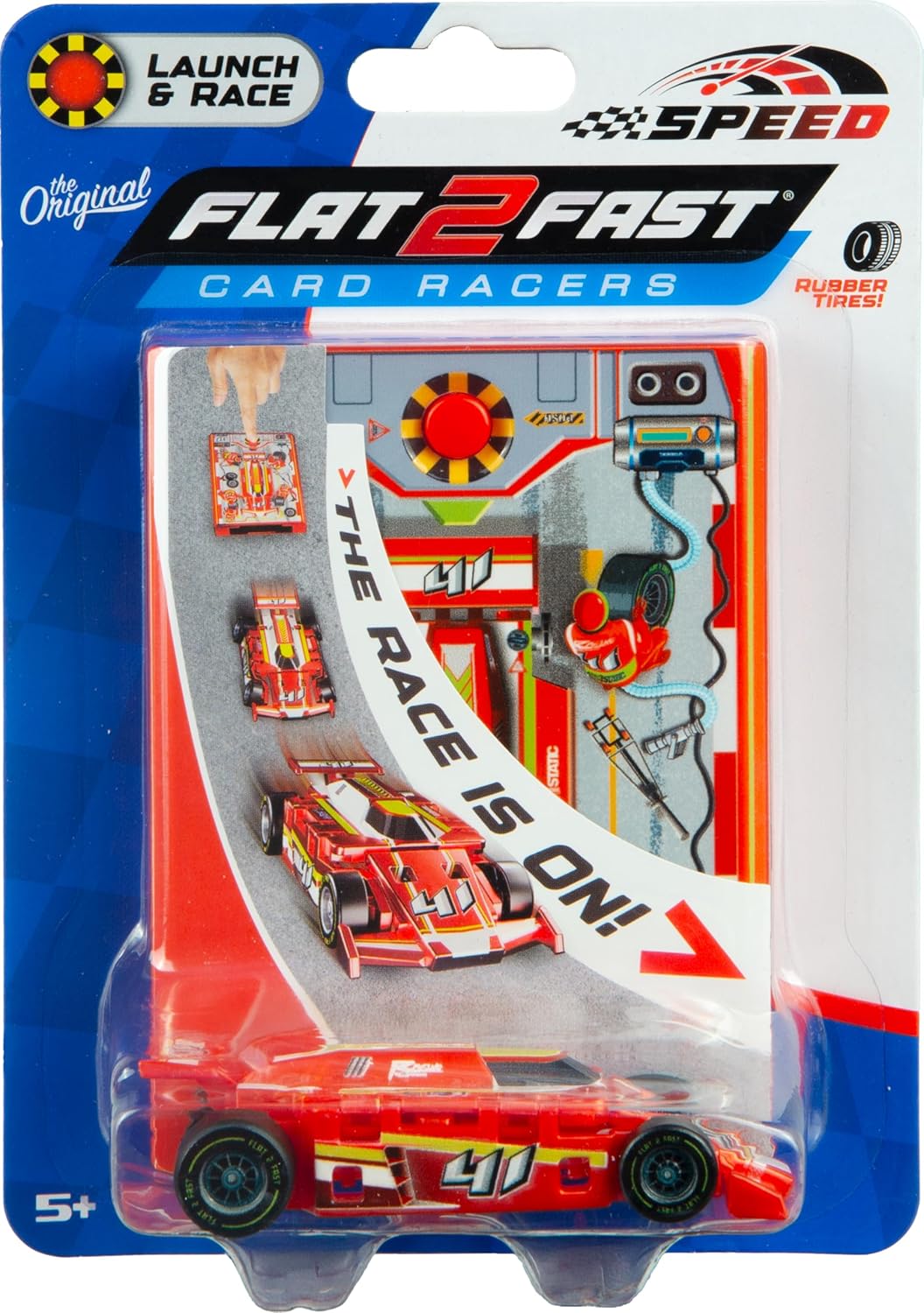 (Pack of 5) Speed Card Racer – Flat Car Racer and Pocket Size Racecar Launcher with Real Rubber Tires for High-Speed Racing – Load, Launch, Race! – Racing Red