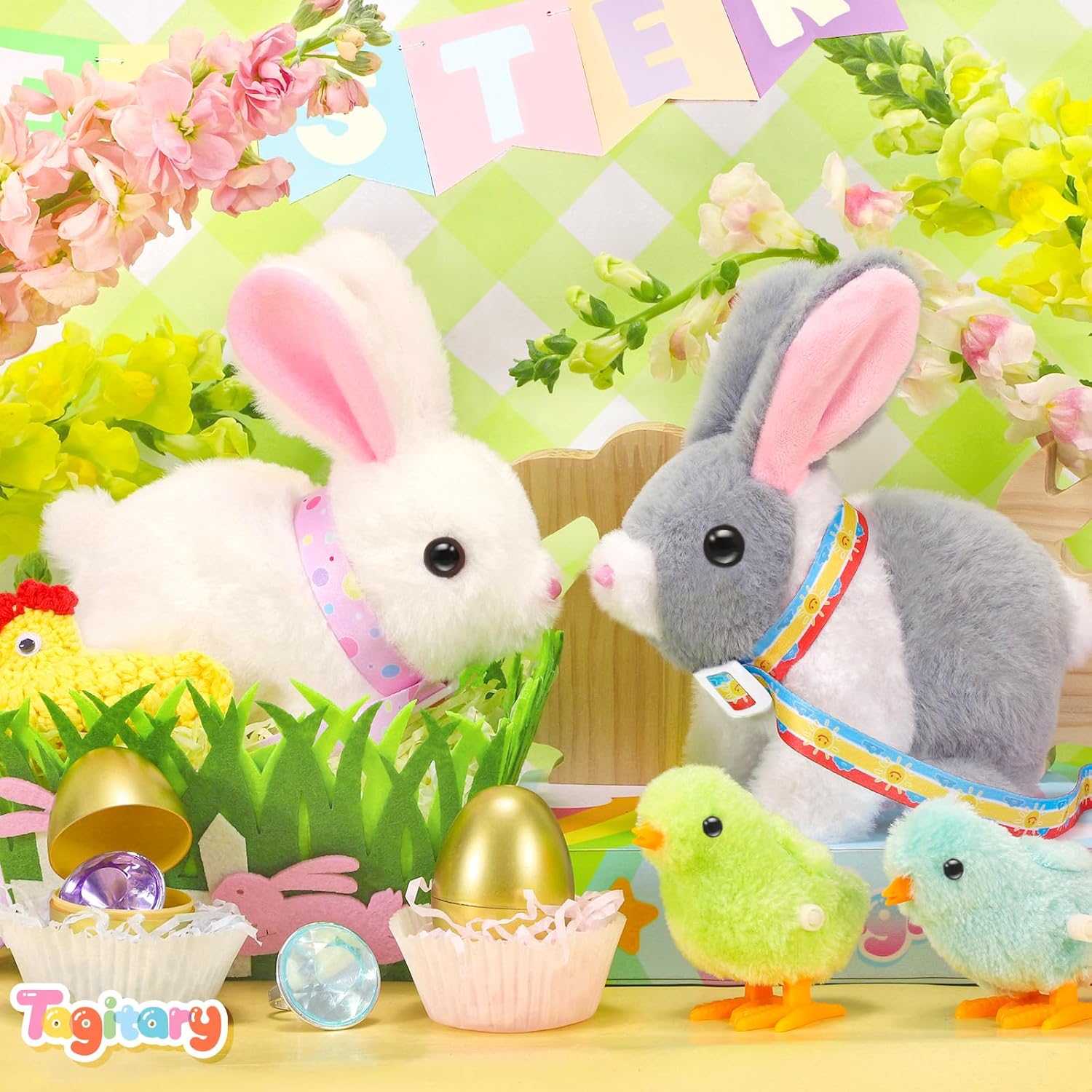 ( Pack of 3) Plush Bunny Toy for Kids,Easter Interactive Realistic Bunny with Leash,Golden Egg and Wind Up Toy,That Hopping,Ears Wiggling,Twitching Nose,Rabbit Toys Easter Stuffers Gift for Toddlers