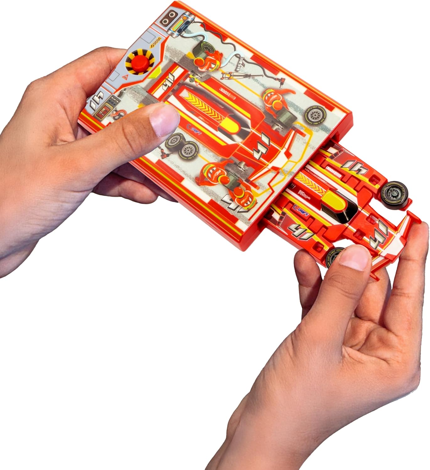 (Pack of 5) Speed Card Racer – Flat Car Racer and Pocket Size Racecar Launcher with Real Rubber Tires for High-Speed Racing – Load, Launch, Race! – Racing Red