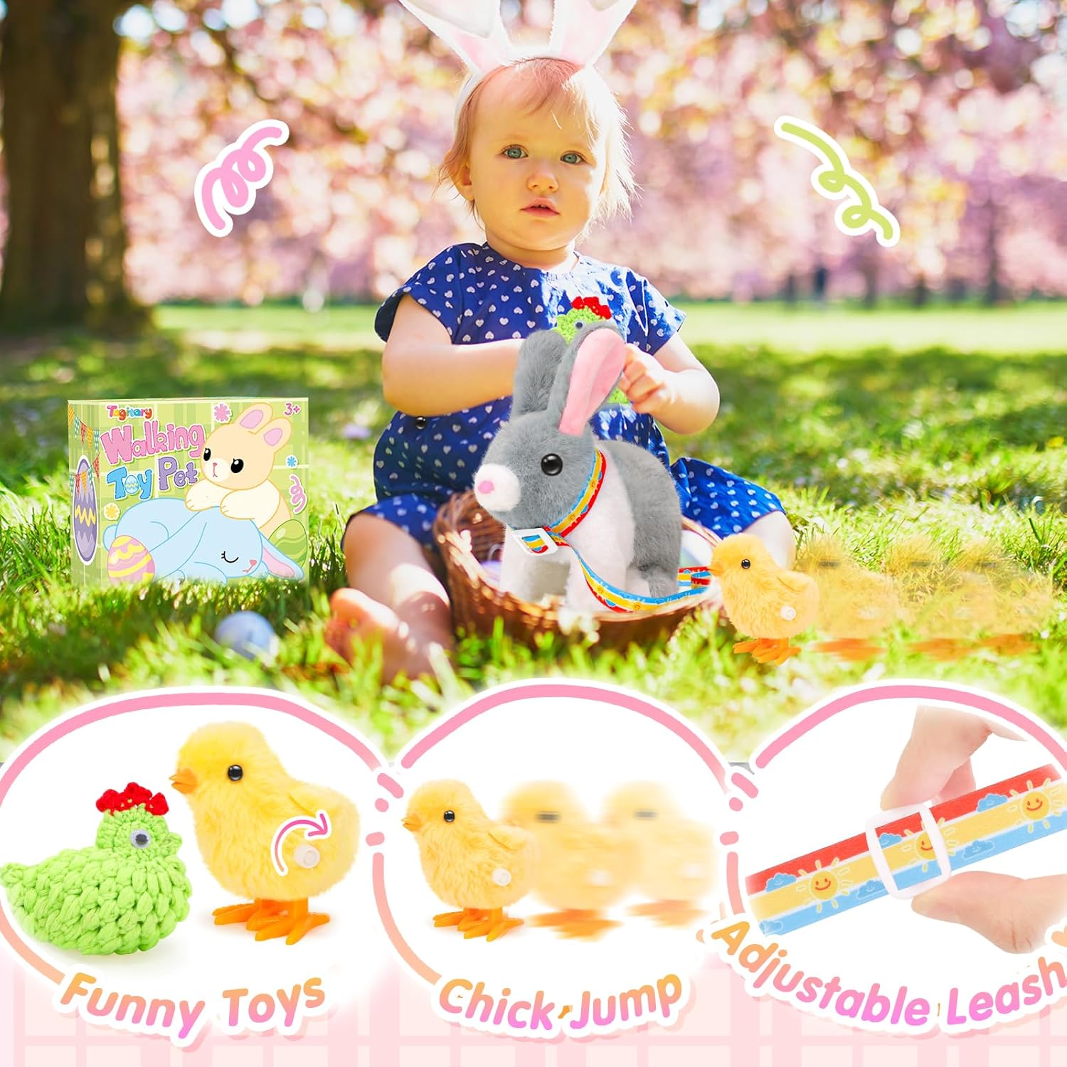 ( Pack of 3) Plush Bunny Toy for Kids,Easter Interactive Realistic Bunny with Leash,Golden Egg and Wind Up Toy,That Hopping,Ears Wiggling,Twitching Nose,Rabbit Toys Easter Stuffers Gift for Toddlers